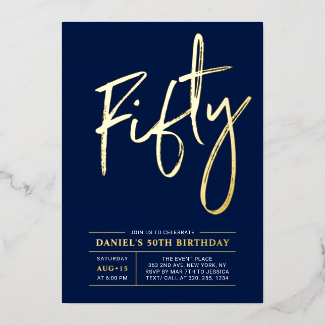 Invitation En Aluminium Cinquante | Modern Gold Navy 50e fête d'anniversai (Recto)