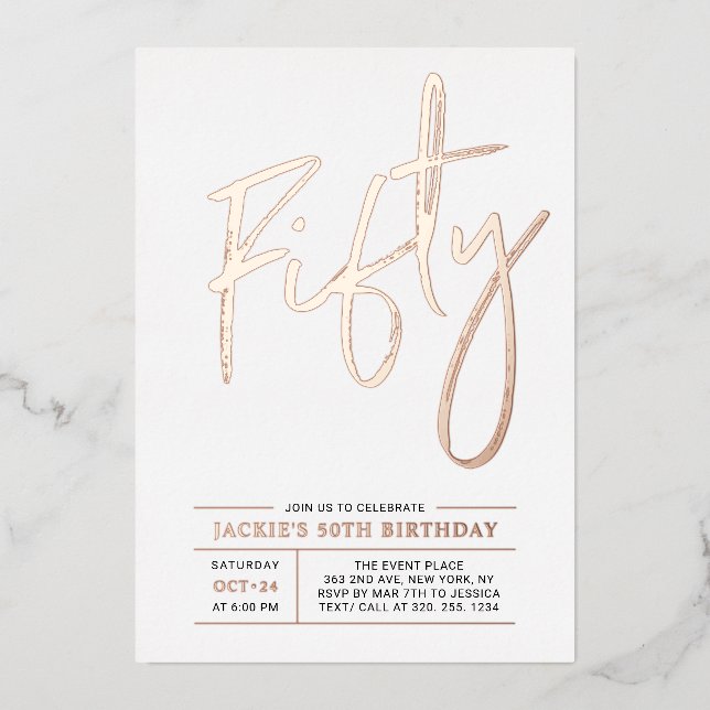 Invitation En Aluminium Cinquante or Rose Moderne 50e fête d'anniversaire (Recto)