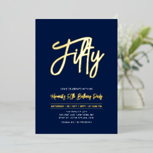 Invitation En Aluminium Cinquante   Soirée 50 ans Navy Chic écriture