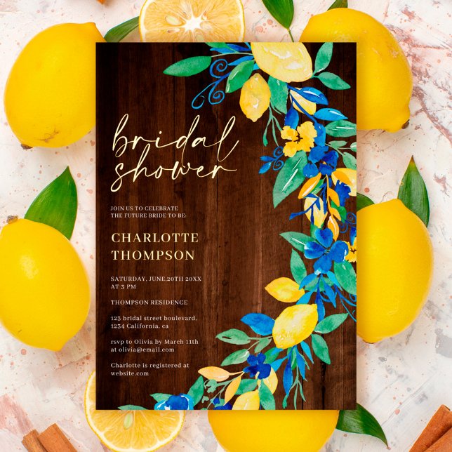 Invitation En Aluminium Citron bleu floral script douche nuptiale (Créateur téléchargé)