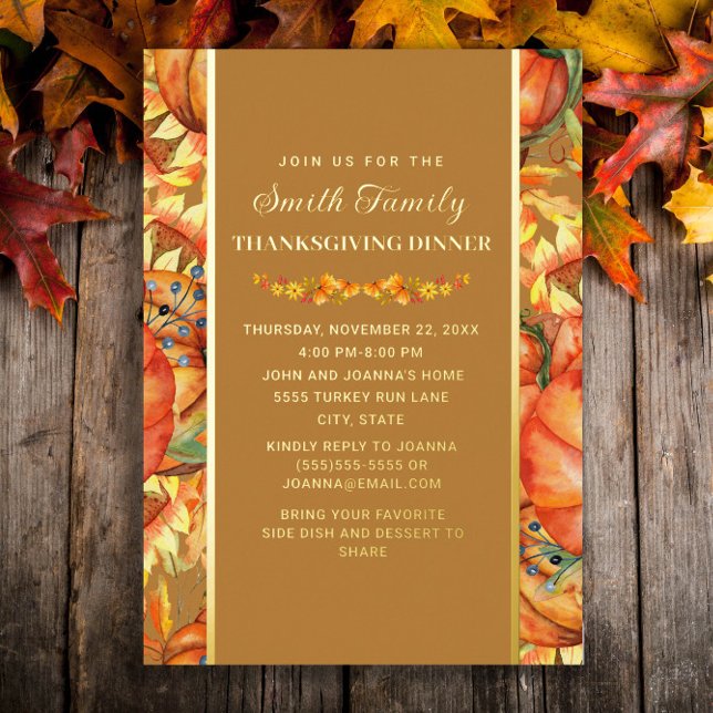 Invitation En Aluminium Citrouille Automne quitte Thanksgiving Dîner (Elegant gold foil Thanksgiving Dinner invitation)