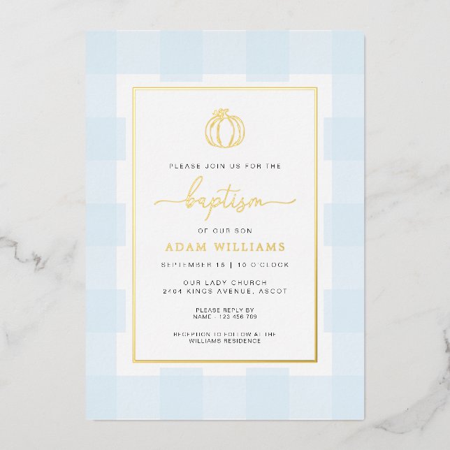 Invitation En Aluminium Citrouille Blue En vichy Baptême Gold Foil Invitat (Recto)