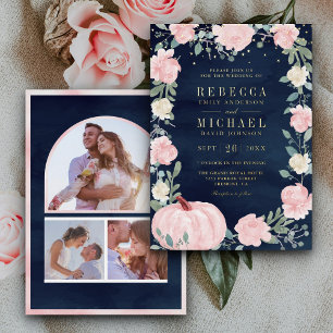Invitation En Aluminium Citrouille Fleurie Rose Pâle Rustique Mariage Navy