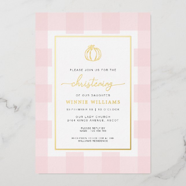 Invitation En Aluminium Citrouille Pink En vichy Christening Foil Invitati (Recto)