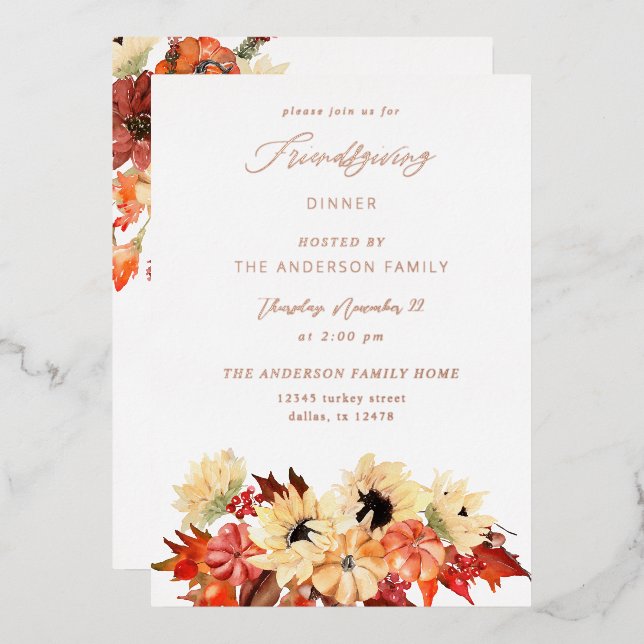 Invitation En Aluminium Citrouille & Sunflower Friendsgiving (Recto/Verso)