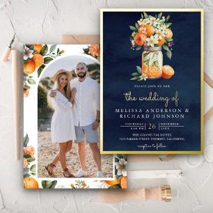 Invitation En Aluminium Citrus Orange Marine Bleu Mason Jar Mariage Or