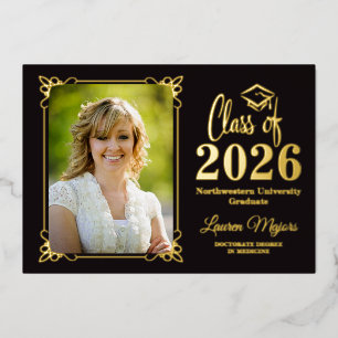 Invitation En Aluminium Classe Black Gold FOIL de 2025 Graduation Photo
