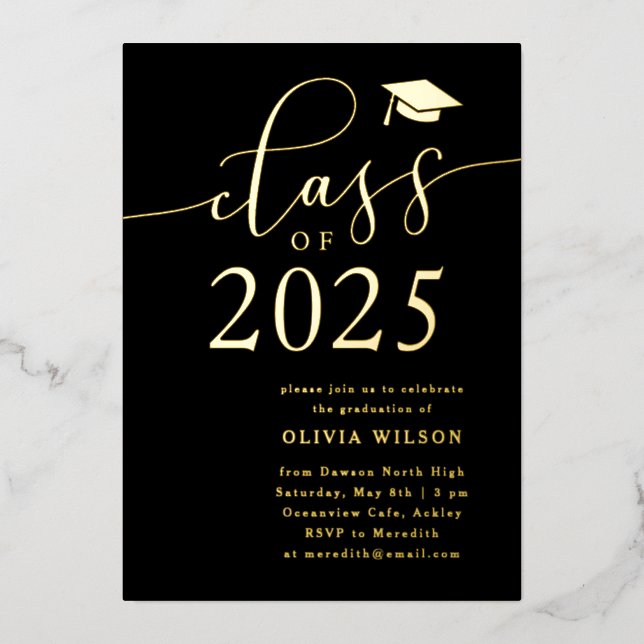 Invitation En Aluminium Classe de 2025 Grad Party Black Gold (Recto)