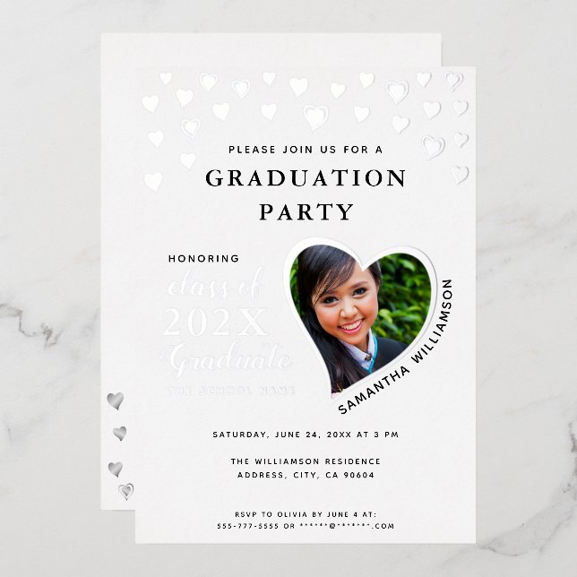 Invitation En Aluminium Classe de 2025 Graduate White & Silver Graduation (Recto/Verso)