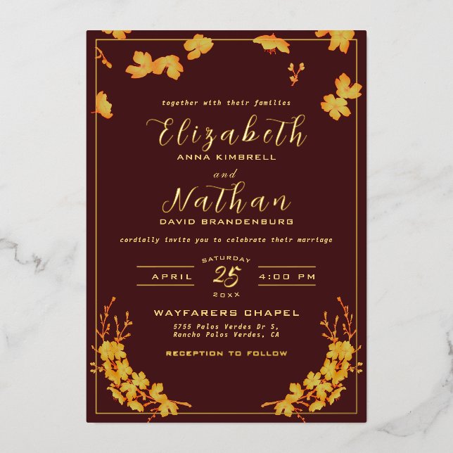 Invitation En Aluminium Classé Elegant Burgundy Gold Floral Mariage (Recto)