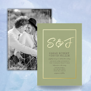 Invitation En Aluminium Classé Terre Tone Sage Green Gold Frame Photo