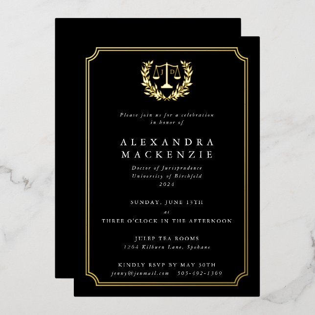Invitation En Aluminium Classic Black JD Law School Party (Recto/Verso)