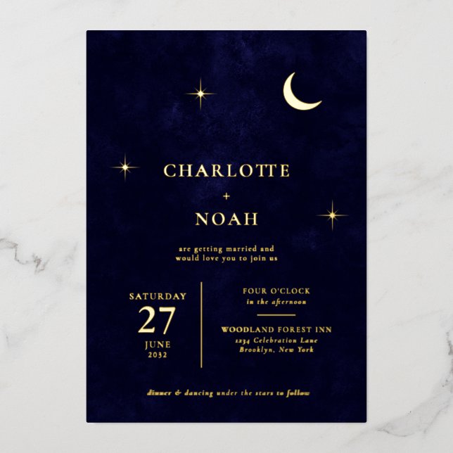 Invitation En Aluminium Classic Celestial Gold Moon Stars Mariage (Recto)
