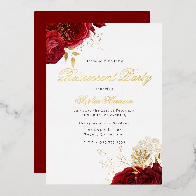 Invitation En Aluminium Classic Elegant Red Rose Retraite Party Golden (Recto/Verso)