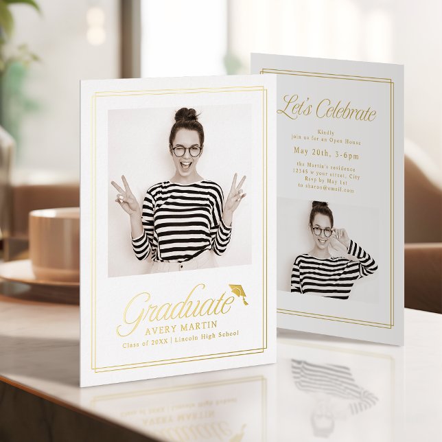 Invitation En Aluminium Classic Framed Elegant Script Photo Graduation (Classic Framed Elegant Script Photo Graduation Foil Invitation)