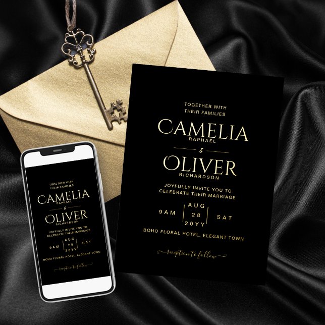 Invitation En Aluminium Classic GOLD FOIL Texte Mariage noir élégant (Créateur téléchargé)