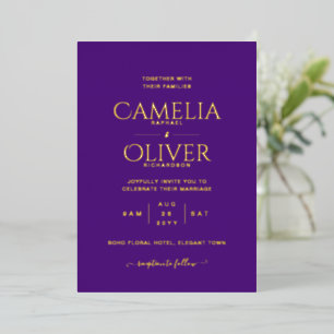 Invitation En Aluminium Classic GOLD FOIL Texte Purple Mariage Élégant