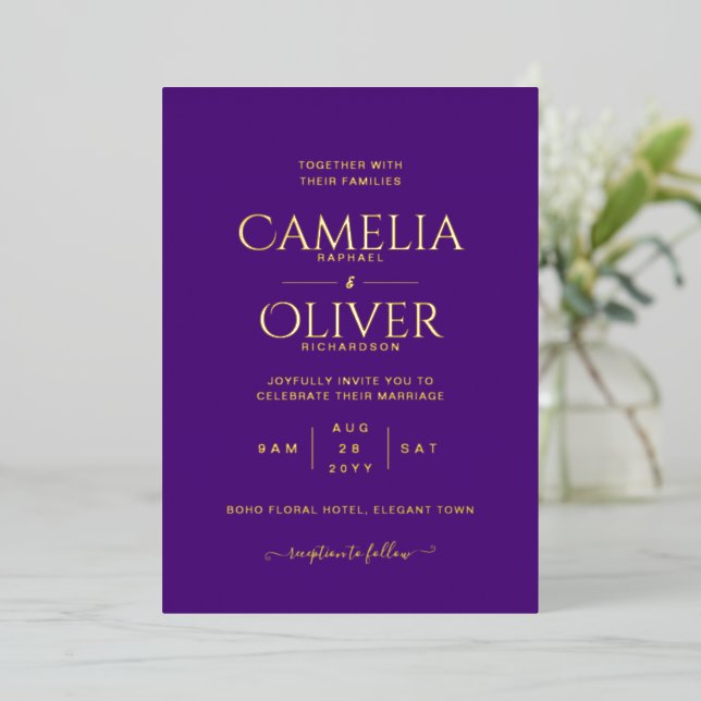Invitation En Aluminium Classic GOLD FOIL Texte Purple Mariage Élégant (Debout devant)