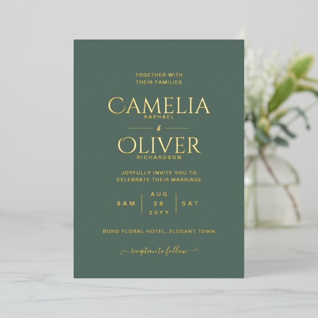 Invitation En Aluminium Classic GOLD FOIL Texte Vert Mariage Élégant Foil (Debout devant)