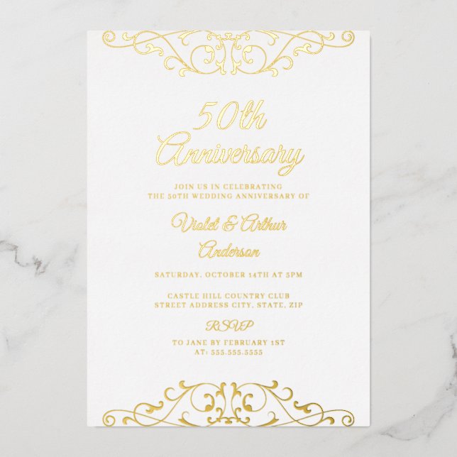 Invitation En Aluminium Classic Gold Swirl 50e anniversaire de Mariage (Recto)