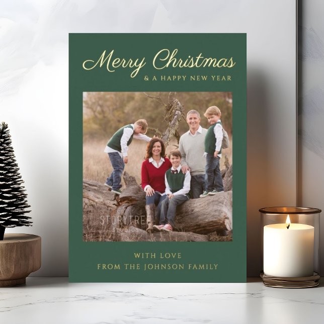 Invitation En Aluminium Classic Green Script Photo Gold (Classic Green Script Christmas Photo Gold Foil Invitation
)