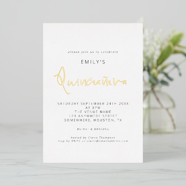 Invitation En Aluminium Classique Quinceanera Script moderne Real Foil Inv (Debout devant)