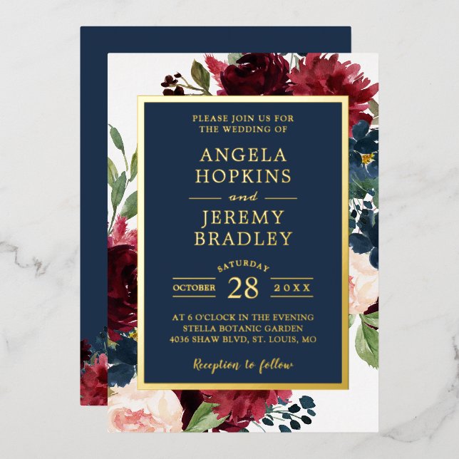 Invitation En Aluminium Classy Burgundy Rouge Marine Bleu Floral Mariage R (Recto/Verso)