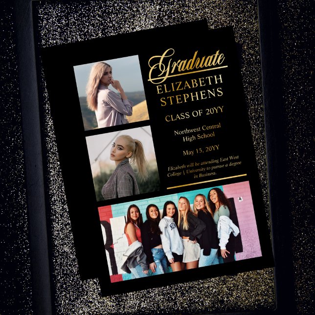 Invitation En Aluminium Classy Elegant Graduate Graduate Graduate 3 Photo (Classy and Elegant Script Text "Graduate" 3-Photo Gold Foil and Black Graduation Announcement)