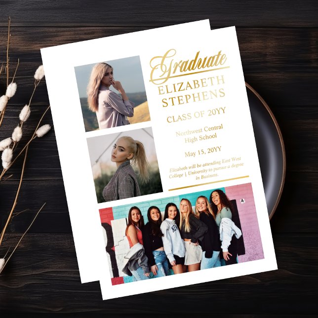 Invitation En Aluminium Classy Elegant Graduate Graduate Graduate 3 Photo (Classy and Elegant Script Text "Graduate" 3-Photo Gold Foil and White Graduation Announcement)