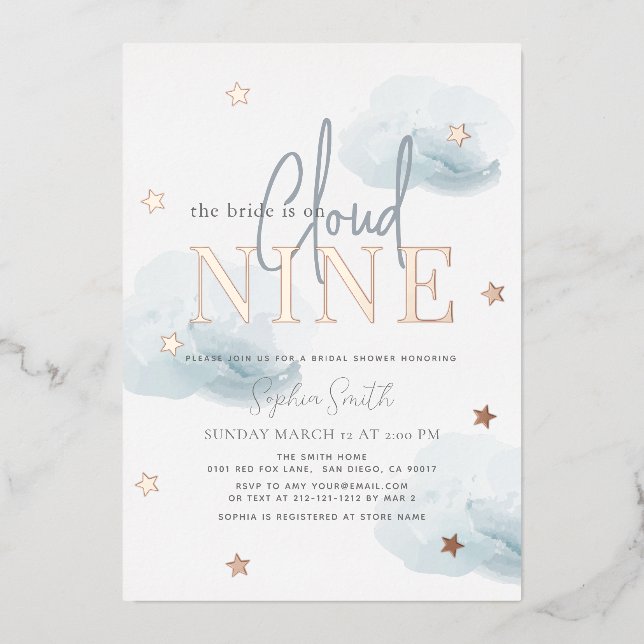 Invitation En Aluminium Cloud 9 Gold Stars & Blue Clouds Fête des mariées (Recto)