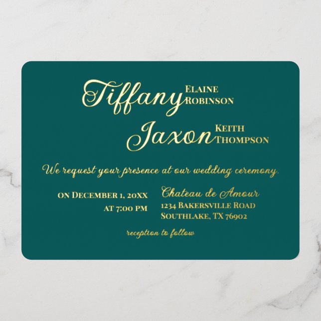 Invitation En Aluminium Co-Starring Dark Turquoise Mariage Real (Recto)