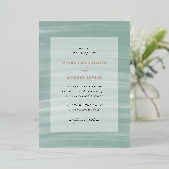 Invitation En Aluminium Coastal Chic Muted Green Mariage élégant (Debout devant)
