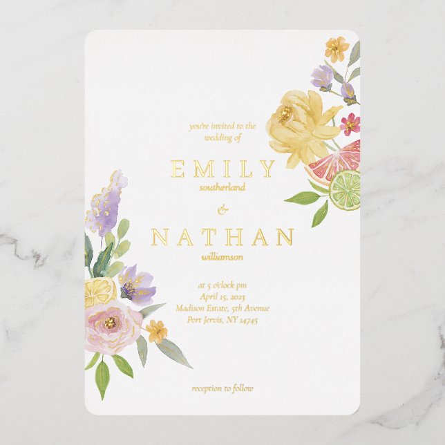 Invitation En Aluminium Cocktail Citrus Mariage Aquarelle Floral Paradise (Recto)