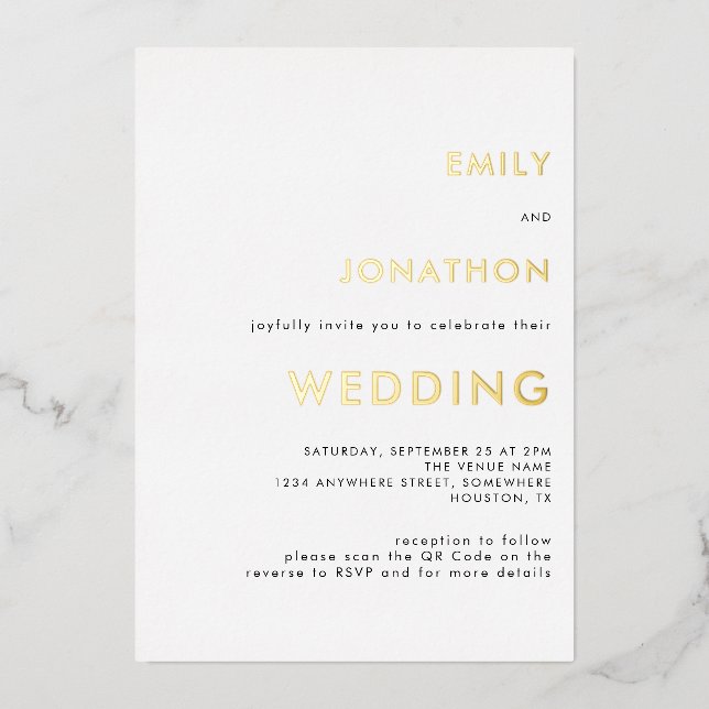Invitation En Aluminium Code QR de texte simple Mariage Or Blanc Réel (Recto)