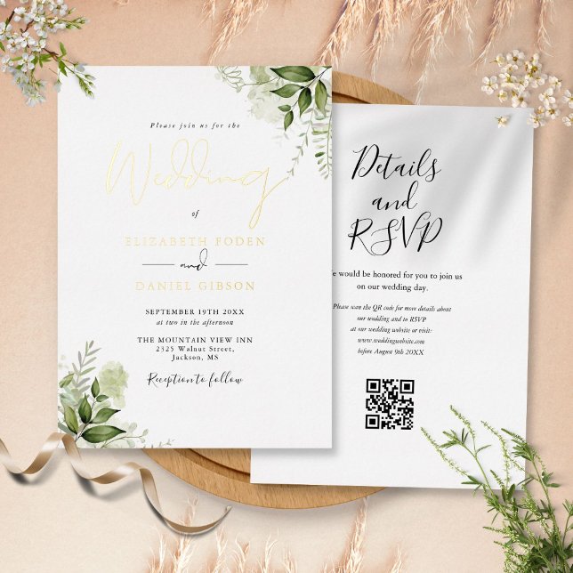 Invitation En Aluminium Code QR de verdure rustique Élégant mariage or (Rustic Greenery QR Code Elegant Wedding Gold Foil Invitation)