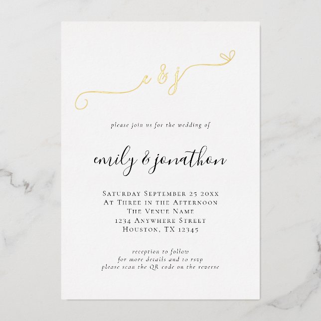 Invitation En Aluminium Code QR Initiales de Script Élégant Mariage Réel (Recto)