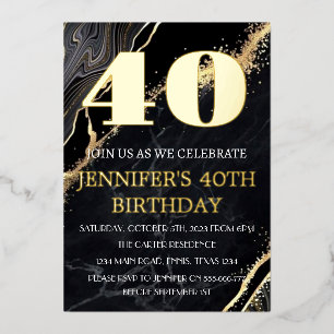 Invitation En Aluminium Code QR moderne 40e anniversaire Black Gold Foil