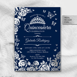 Invitation En Aluminium Code QR RSVP Quinceanera Roses Argent Bleu Marine