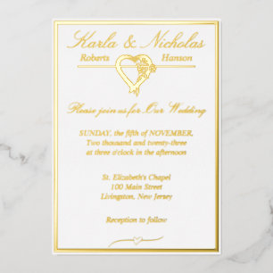 Invitation En Aluminium Coeur & Rose, Elégant Mariage blanc, Gold Full