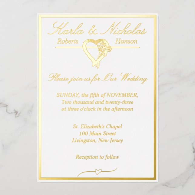 Invitation En Aluminium Coeur & Rose, Elégant Mariage blanc, Gold Full (Recto)