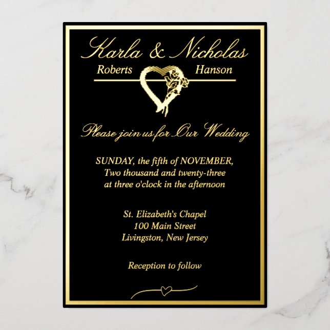 Invitation En Aluminium Coeur & Rose, Mariage noir officiel, Gold Full (Recto)