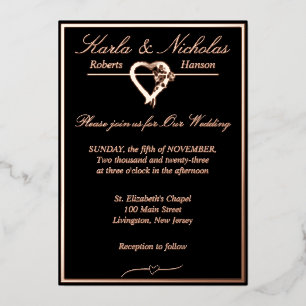 Invitation En Aluminium Coeur & Rose, Mariage noir, Rose Gold Full