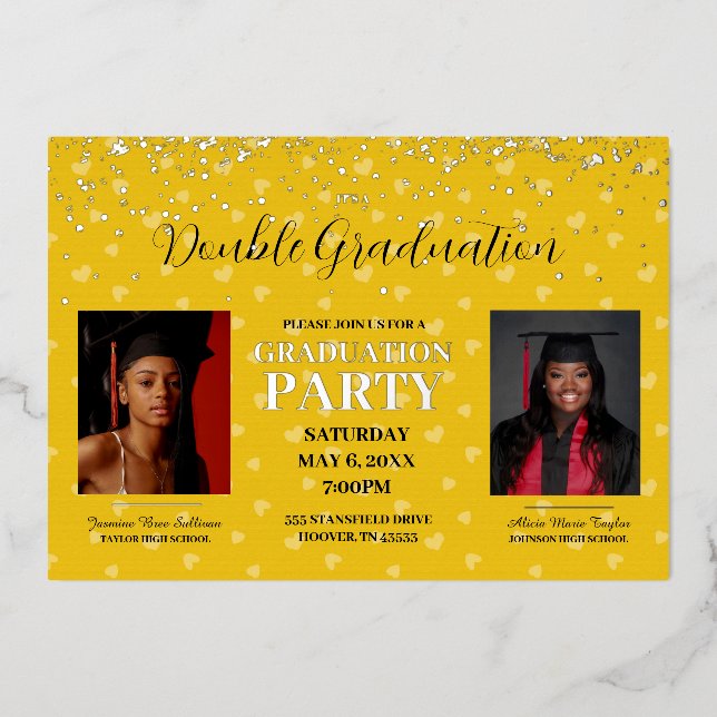 Invitation En Aluminium Coeurs jaunes Double Graduation or (Recto)