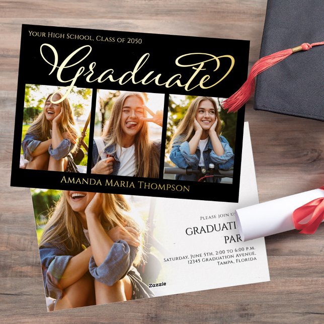 Invitation En Aluminium Collage de photos d'études supérieures Modèle Gold (Gold foil graduation photo collage invitation template. )