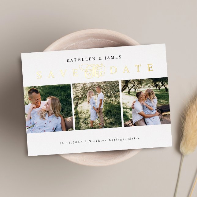 Invitation En Aluminium Collage photo de sauvegarde de date en or (Gold Save The Date Photo Collage Foil Invitation)