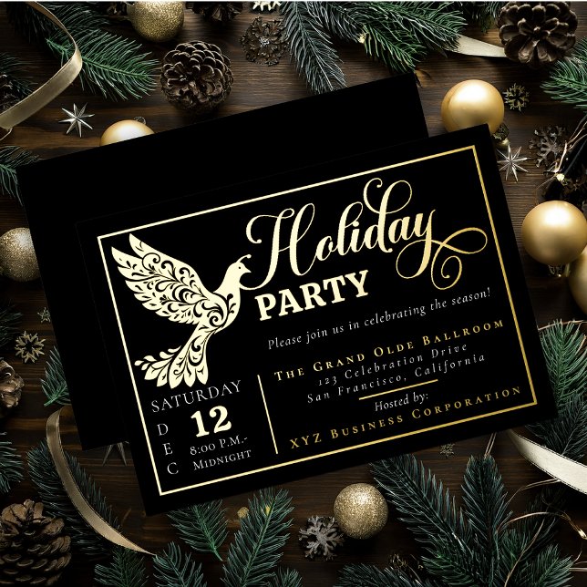 Invitation En Aluminium Colombe de Paix Ornementale Élégante Fête de Noël  (Ornamental peace dove in shimmering gold foil on black for an elegant holiday celebration.)
