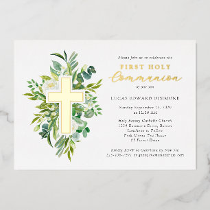 Invitation En Aluminium Communion solennelle croix florale aquarelle or