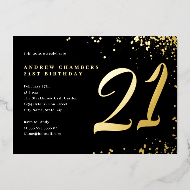 Invitation En Aluminium Confetti d'or noir 21e anniversaire (Recto)