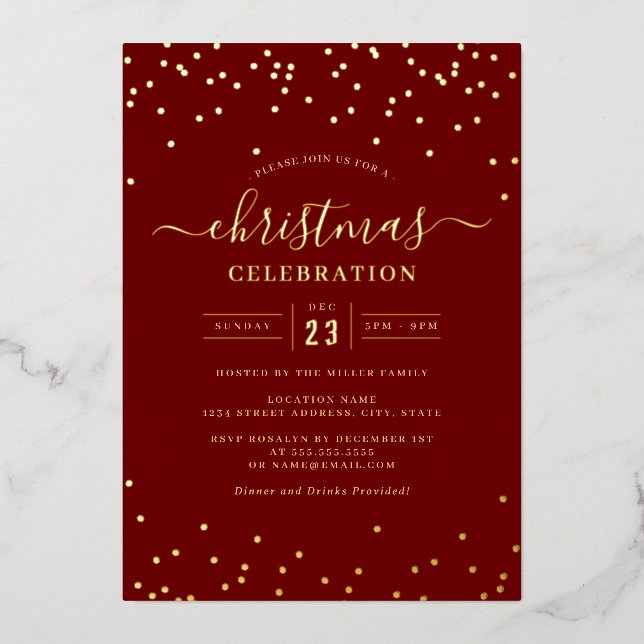 Invitation En Aluminium Confetti Gold Red Christmas Party (Recto)