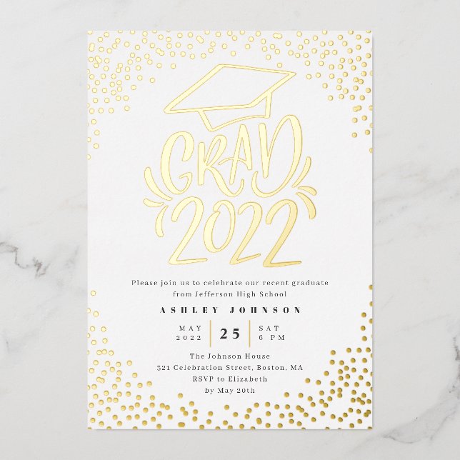 Invitation En Aluminium Confetti Lettered Grad 2022 Graduation Party Blanc (Recto)